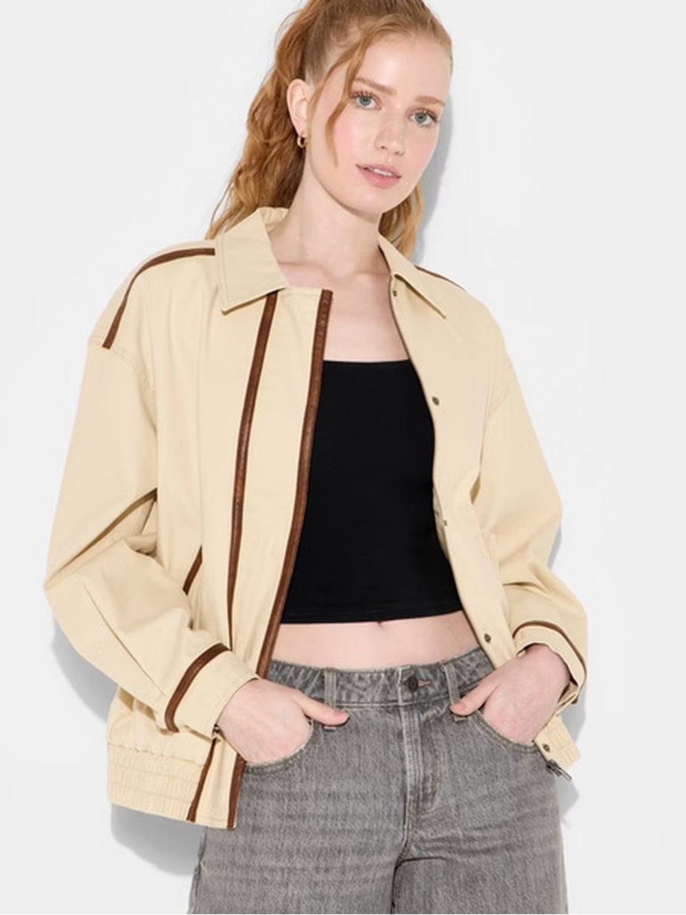 Beige Contrast-Trim Bomber Jacket - Women's Lightweight Coat